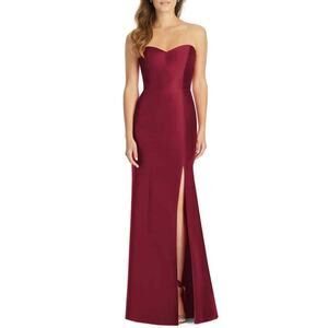Alfred Sung D759 Satin Twill Strapless Burgundy Trumpet Slit Dress Gown Size 18